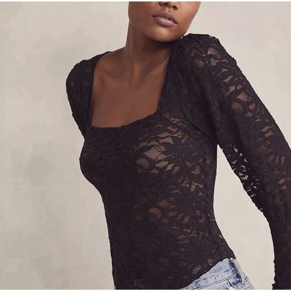 FREE PEOPLE Intimately Long Distance Top Black Lace Long Sleeve Fairy Grunge M - Picture 1 of 14